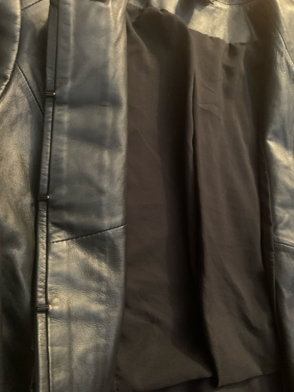 White House Black Market Black Leather Ruffle-Front Jacket. - Picture 5 of 12